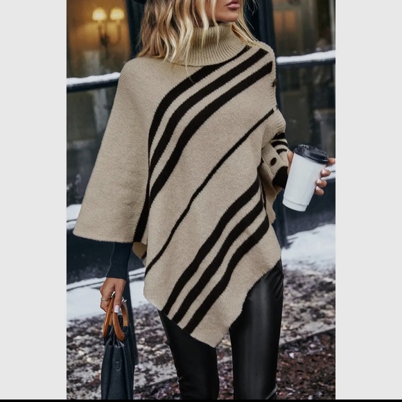 Women's Turtleneck Batwing Sleeve Asymmetrical Knit Poncho - Picture 2 of 5